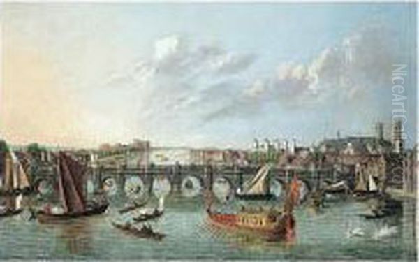 View Of The Thames With Westminster Bridge And Numerous Barges - view 1