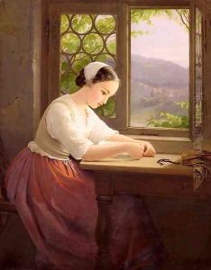 Girl reading by an open window by Caroline von der Embde