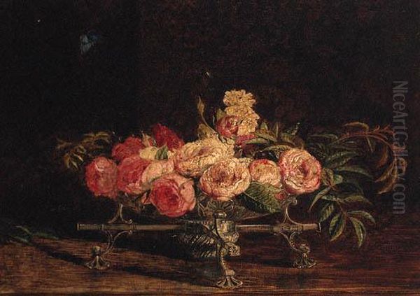 Pink And White Roses In An 18th
Century Silver Dish-cross, Achalkhill Blue Butterfly Above - view 1