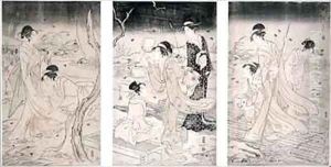 Hunting fireflies at nightfall by Hosoda Eishi