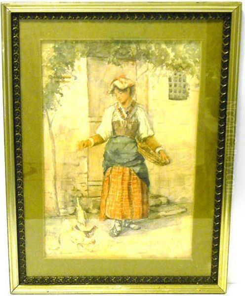 Showing Woman Feeding Chickens In Barnyard - view 1