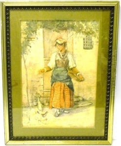 Showing Woman Feeding Chickens In Barnyard by Janet Scudder