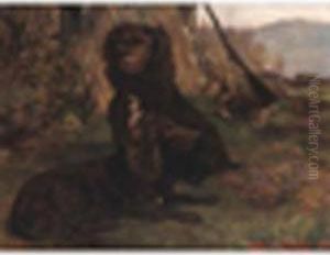 Irish Water Spaniels Resting In A Landscape Irish Water Spaniels Resting In A Landscape