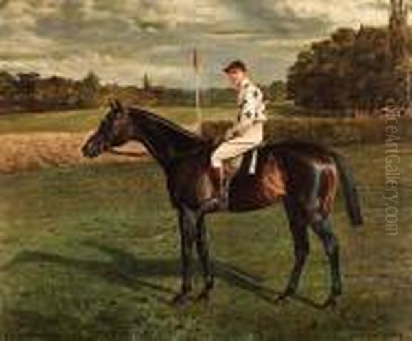 A Bay Racehorse With Jockey-up, On A Racecourse - view 1