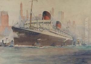 "french Liner Ile De France Arriving At New York." Watercolor On Paper. Circa 1949