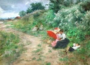 Sommerfrische. Rastende Frauen Und Kinder Am Wegrand