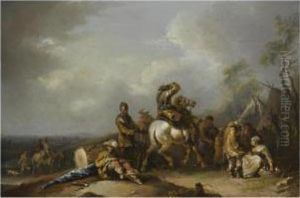 An Outdoor Scene With Horsemen And Musicians At Rest by Joseph Conrad Seekatz