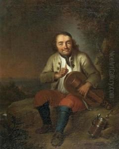 Sitzender Mann Mit Musikinstrument In Einer Landschaft. by Joseph Conrad Seekatz