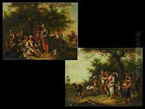 Zwei Gemalde Mit Der Darstellung Von Rastszenen Vor Laubwald. Zwei Gemalde Mit Der Darstellung Von Rastszenen Vor Laubwald.