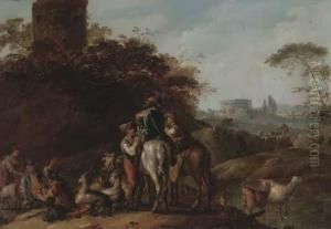 An Italianate Landscape With Travellers Resting With Herdsmen By Atower by Joseph Conrad Seekatz