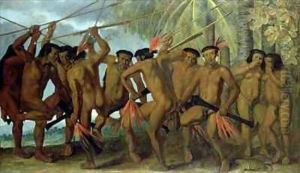 Tapuya men of North Eastern Brazil in war dance by Albert van der Eeckhout