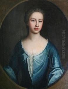Portrait Of A Lady, Half Length, Wearing Ablue Dress, Within Painted Oval