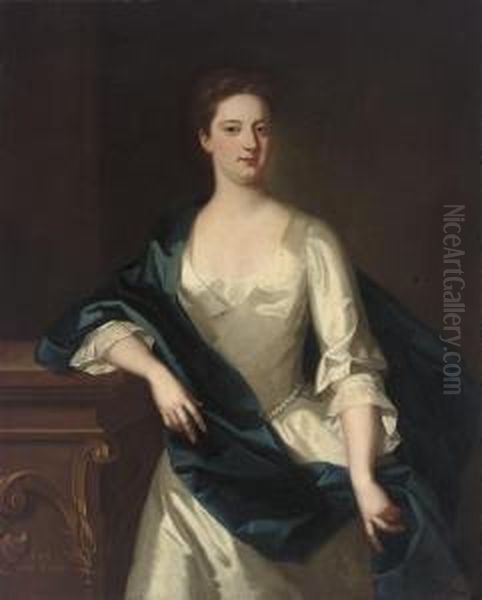 Portrait Of Lady Anne Furnese,
Three-quarter-length, In An Oystersatin Dress, And A Blue Wrap, Her
Right Arm Resting On Aplinth - view 1