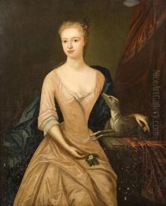 Portrait Of A Lady, Seated With A
 Dog, Wearingpink Dress And Sprig Of Flowers In Her Hair