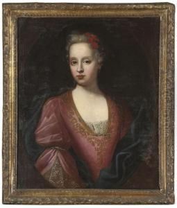 Portrait Of A Young Lady, 
Quarter-length, In A Purple Dress With Lace Trim, A Red Bow In Her Hair