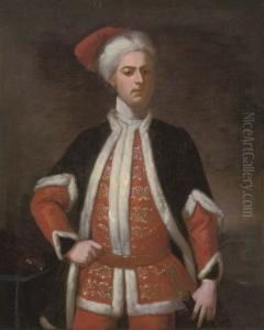 Portrait Of A Gentleman, 
Three-quarter-length, In A Red Suit Embroidered With Gold, And A Blue 
Mantle, Both Trimmed With White Fur, And A Red Hat With White Fur Trim, 
His Left Hand Resting On The Hilt Of His Sword, In A Landscape