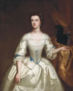 Portrait Of A Lady, Three-quarter Length, In A White Silk Dresswith Her Pet Squirrel by Enoch Seeman