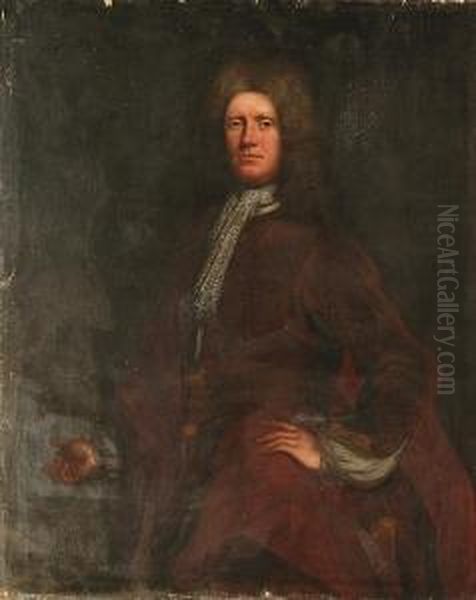 A Portrait Of A Gentleman
Standing, Three Quarter Length, With Powdered Wig And Lace Jabot And
Russet Coat - view 1