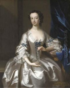 Portrait Of Mary Rand, 
Half-length, Seated, In An Oyster-satindress With Blue Ribbons, Holding A
 String Of Pearls, In An Interiorby A Blue Velvet Curtain