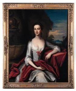 Portrait Of Anne Columbine, 
Seated Three-quarter Length In A Whitedress With A Burgundy Wrap, A 
Landscape Beyond