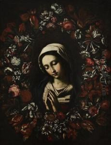 Madonna In Preghiera Entro Ghirlanda Di Fiori