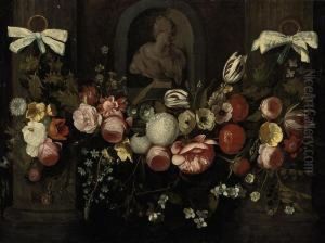 A Swag Of Flowers Decorating A Niche With A Stone Bust