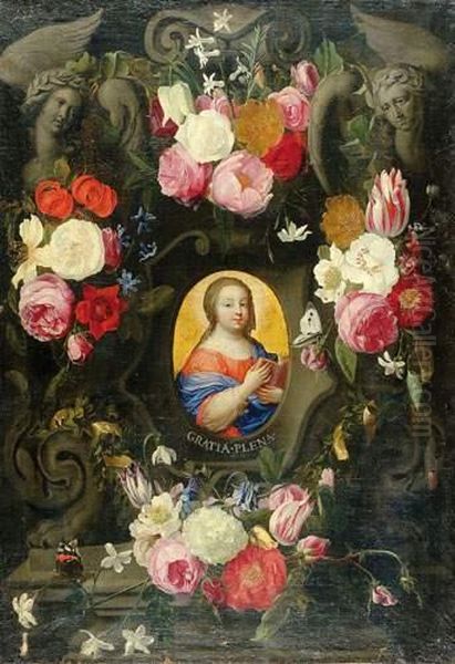 Guirlande De Fleurs Entourant Une Effigie De La Vierge Enfant - view 1