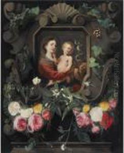 The Virgin And Child With The 
Infant Saint John, In A Stonecartouche, Decorated With A Garland Of 
Roses, Snowdrops And Ivy,together With Two Butterflies