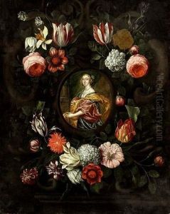 Corona Di Fiori Con Ritratto Di Nobildonna