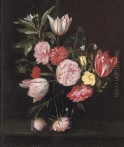 Parrot Tulips, Roses, Carnations And Other Flowers In Glass Vase On A Stone Ledge by Daniel Seghers