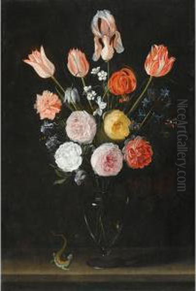 A Bouquet Of Flowers Including
Tulips, Roses And Carnations, In A Glass Vase On A Stone Ledge With A
Salamander - view 1