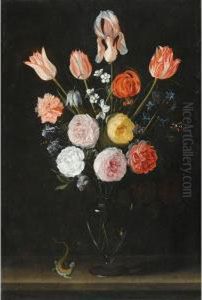 A Bouquet Of Flowers Including 
Tulips, Roses And Carnations, In A Glass Vase On A Stone Ledge With A 
Salamander by Daniel Seghers