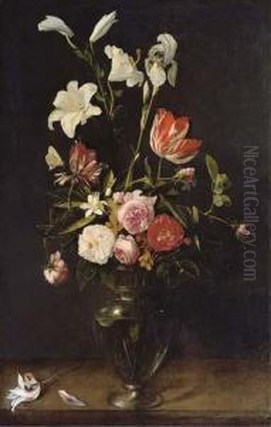 Lilies, Roses And Tulips In A Glass Vase On A Wooden Ledge Withbutterflies - view 1