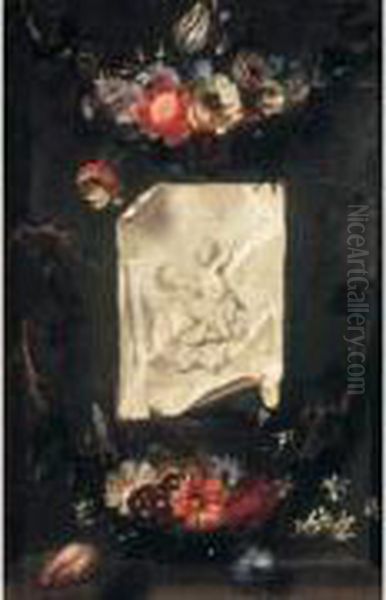 Trompe L'oeil A La Gravure De
Rubens Representant Une Vierge A L'enfant Fixee Dans Une Niche Decoree
De Guirlandes De Fleurs - view 1
