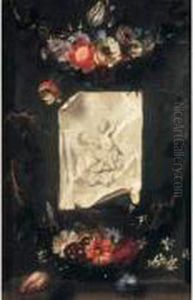 Trompe L'oeil A La Gravure De 
Rubens Representant Une Vierge A L'enfant Fixee Dans Une Niche Decoree 
De Guirlandes De Fleurs