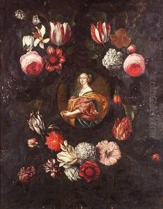 Portrait Of A Lady,
Three-quarter-length In A Blue Dress With Pink And Gold Wraps Surrounded
By A Garland Of Flowers by Daniel Seghers