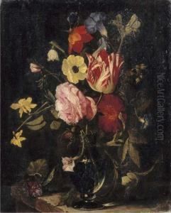 Roses, Tulips, An Iris, Pansies And An Anemone In A Glass Vase On Astone Ledge