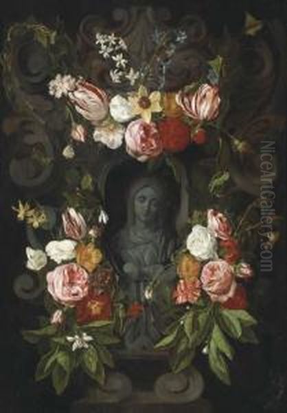 A Cartouche Of The Virgin With A Floral Surround - view 1