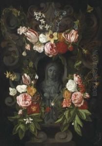 A Cartouche Of The Virgin With A Floral Surround