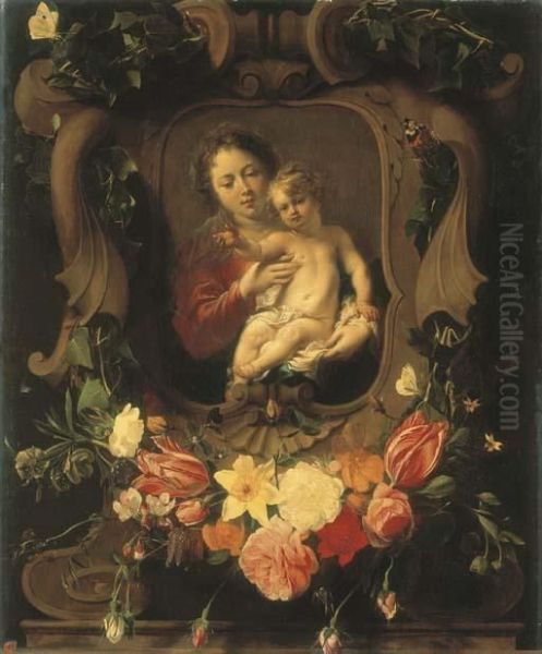 Vierge A L'enfant Dans Une Couronne De Fleurs - view 1
