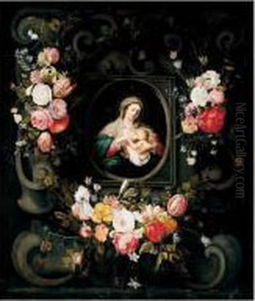 Swags Of Flowers Decorating A Stone Cartouche With The Virgin And Child - view 1