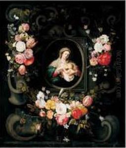Swags Of Flowers Decorating A Stone Cartouche With The Virgin And Child