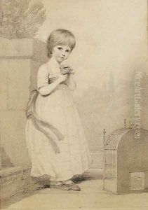 Portrait of Miss Morice the younger, in a dress and a sash holding a bird