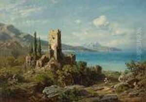 Italienische Kustenlandschaft Mit Burgruine by August Seidel