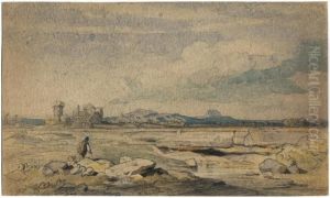 Weite Sudliche Landschaft Mit Wanderer Und Ruinen by August Seidel