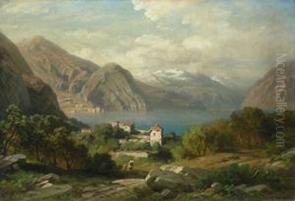 Ansicht Des Comer Sees
Berglandschaft Mit Dem Tiefer Liegenden See Im Mittelgrund, Davor
Hausergruppe Mit Heraufziehenden Personen. Im Hintergrund Schneebedeckte
Bergzuge Und Stadtchen Am Ufer. - view 1
