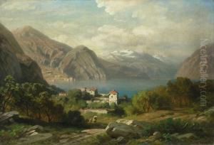 Ansicht Des Comer Sees
 Berglandschaft Mit Dem Tiefer Liegenden See Im Mittelgrund, Davor 
Hausergruppe Mit Heraufziehenden Personen. Im Hintergrund Schneebedeckte
 Bergzuge Und Stadtchen Am Ufer.
