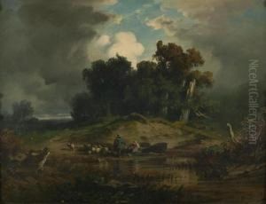 Ein Schaferpaar Mit Herde Bei Gewitter In Den Isarauen.