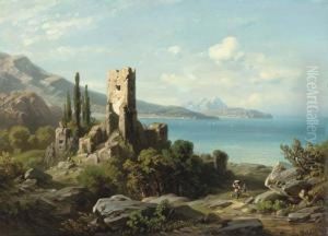 Figures Walking Past Ruins On A Coastal Path, With The Seabeyond