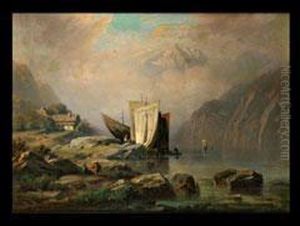Gebirgssee Mit Segelschiffen Gebirgssee Mit Segelschiffen